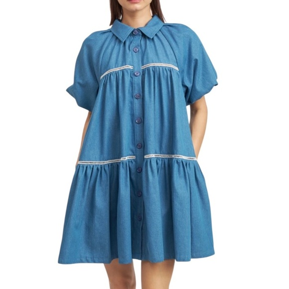 En Saison Tuckernuck Tara Puff Sleeve Tiered Babydoll Dress NWOT Cotton Denim - Picture 1 of 10
